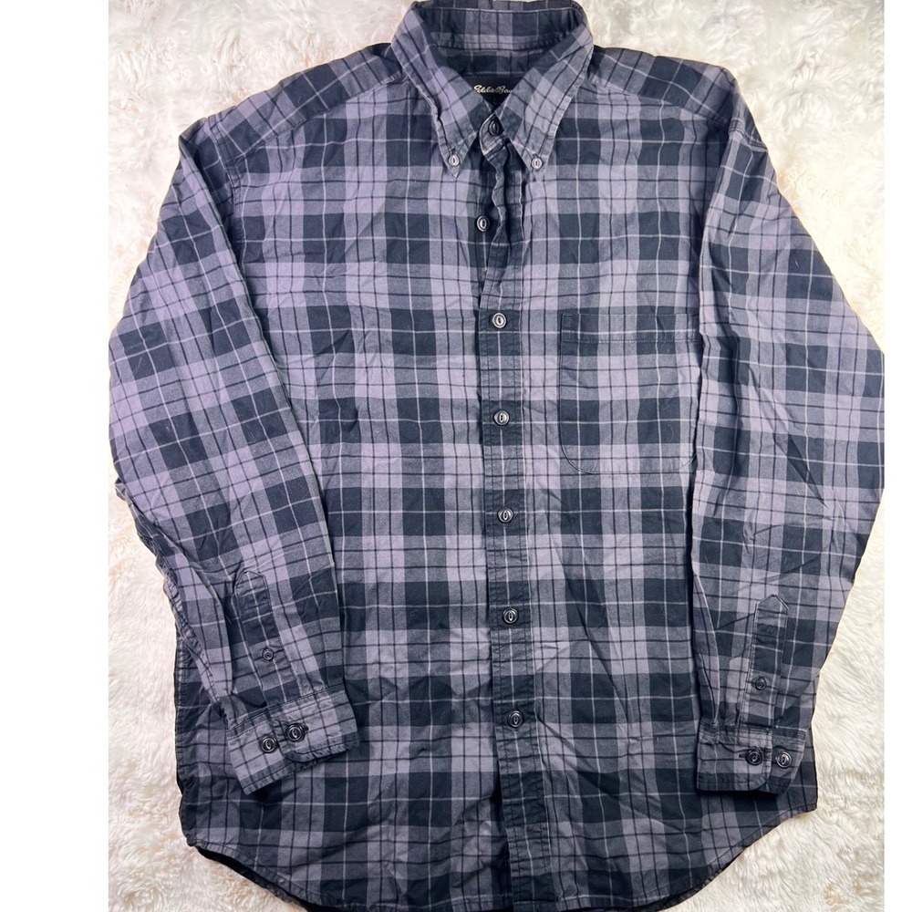 Eddie Bauer Mens Grey Black Plaid Flannel Button Down Shirt Size M Long Sleev A9